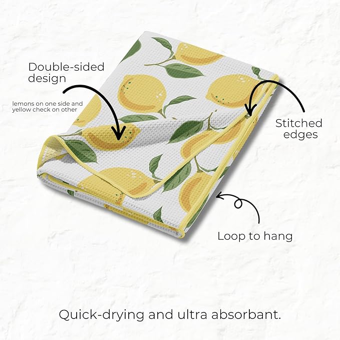 HALL & PERRY Kitchen Tea Towel, Ultra Soft, Quick Dry Microfiber Dish Cloths - 18"x30" Premium Quality Waffle Towel - Stripes and Plaid, Lemon Yellow & Checks (1, Reese)