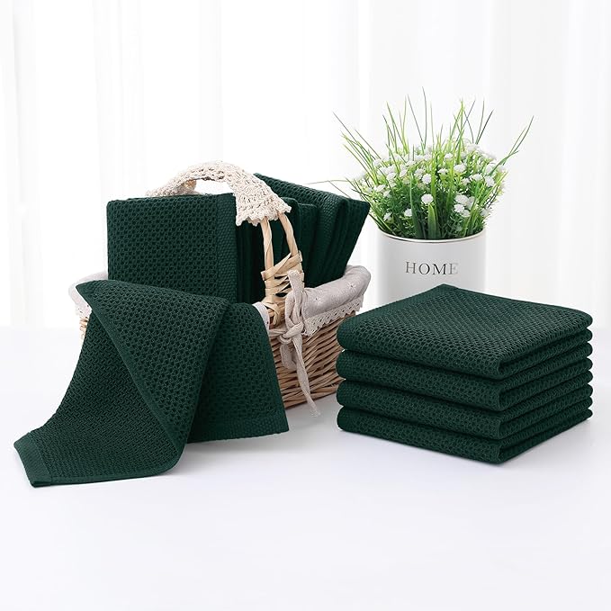 Homaxy 100% Cotton Waffle Weave Kitchen Dish Cloths, 7-Pack Ultra Soft Absorbent Dish Towels, Quick Drying Dish Rags, 12 x 12 Inches, Blackish Green