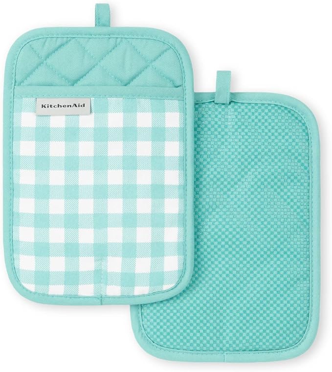 KitchenAid Gingham Pot Holder 2-Pack Set, Aqua Sky, 7"x10"
