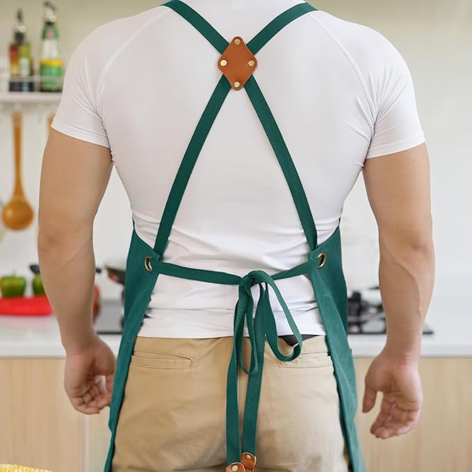 Aoomzoon Canvas Aprons for Men Chef Apron, Work Apron with Large Pockets - 16oz Heavy Duty Cross Back, BBQ, Cooking