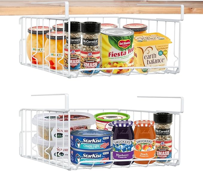 PowerKing Under Shelf Storage Baskets, Foldable Metal Wire Rack Basket, 2 Pack, White