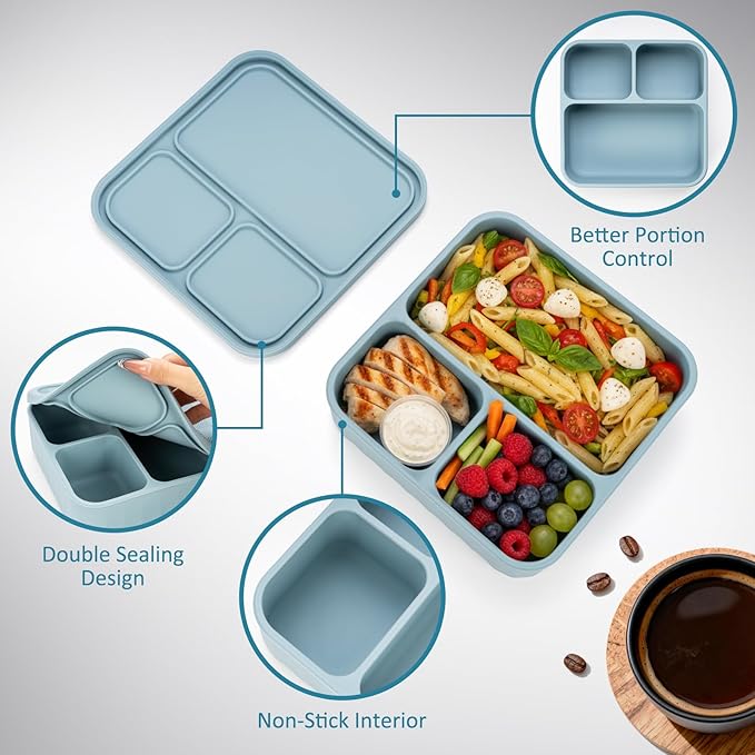 Silicone Bento Box Adult Lunch Container, 3 Compartment Container, Food Grade Silicone Bento Lunch Box for Work Travel Meal Prep, Leak-proof Food Storage Container（1 Pack Nile Blue）