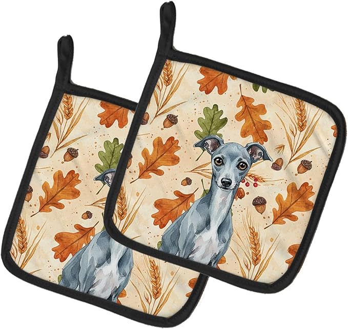 Caroline's Treasures Blue Italian Greyhound Heirloom Fall Pair of Pot Holders Pair 7.5x7.5 Quilted Insulated Hot Pads Decorative Kitchen Gift Made in USA