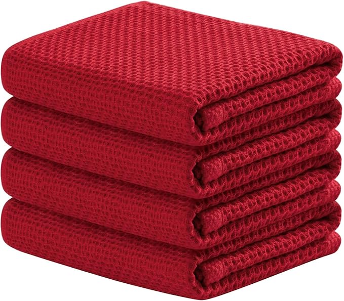joybest Cotton Kitchen Towels, 4-Pack Waffle Weave Ultra Soft Absorbent Dish Towels Quick Drying Kitchen Dish Cloths, 18 in x 28 in, Red
