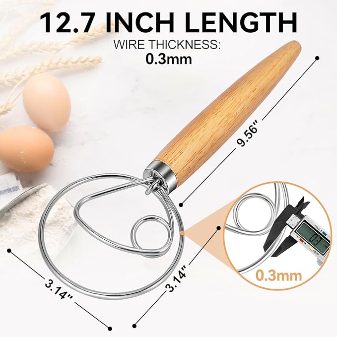 TEEVEA Danish Dough Whisk for Bread Sourdough, Wooden Handle & Stainless Steel Hook