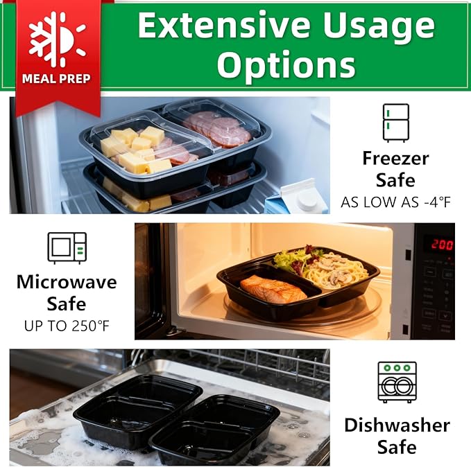 Meal Prep Containers 2 Compartment 30 Pack, 26 oz Divided Reusable Food Storage Containers with Lids Takeout Food Storage Containers Black, Microwave Dishwasher Freezer Safe, Stackable, BPA Free