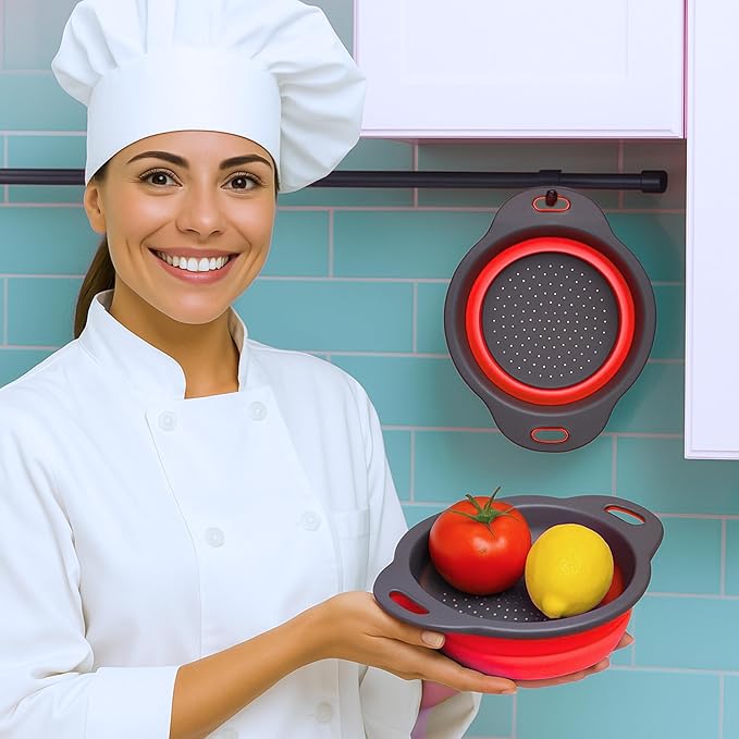 Red Round Silicone Collapsible Colander – Silicone Round Kitchen Strainers with Plastic Handles Foldable Kitchen Strainer Small Perfect for Draining Pasta Vegetable and Fruit