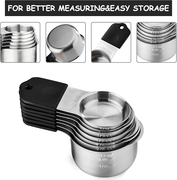 Magnetic Measuring Cups and Spoons Set, N52 Magnetic spoons Nesting Design, 304 Stainless Steel measuring cups, BPA Free, Dual-sided Design Set of 15 with Leveler for Dry & Liquid Ingredients Black