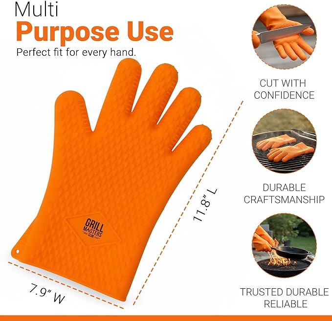 Grill Masters Club Silicone Gloves Heat Resistant for BBQ & Cooking – Heat Resistant Kitchen Gloves, Silicone Mitts & Grill Mitts for Outdoor Grill BBQ (Dishwasher Safe, Heat Safe to 446°F)