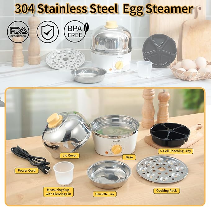 Oroton 9-Egg 304 Stainless Steel Egg Cooker – Steam & Boil Eggs with Timer, Automatic Shut-Off & 3 Cooking Modes (Black)(Hard/Medium/Soft)
