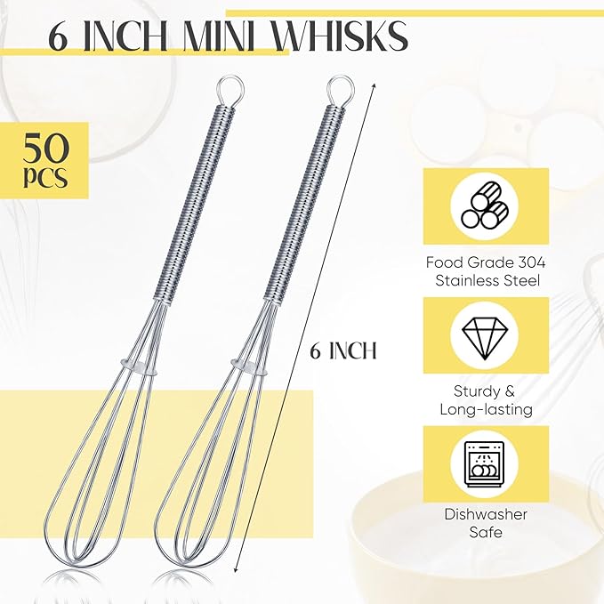 Baderke 50 Pcs Mini Whisk Bulk Small Whisks for Cooking 304 Stainless Steel Tiny Whisk for Baking, Whipping, Beating Eggs, Mixing Sauces, Blending Ingredients (6 Inch)