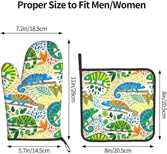 Cute Chameleon with Tropical Plants Oven Mitts and Pot Holders Heat Resistant Oven Mitts Safe for Baking Cooking BBQ