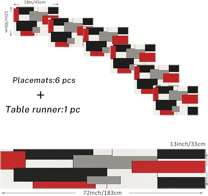 ArtSocket Geometric Table Runner and Placemats Set of 6, Red Black Grey Abstract Painting Art Dining Decor for Daily Use(1 Table Runner 72 inches Long and 6 Placemats)