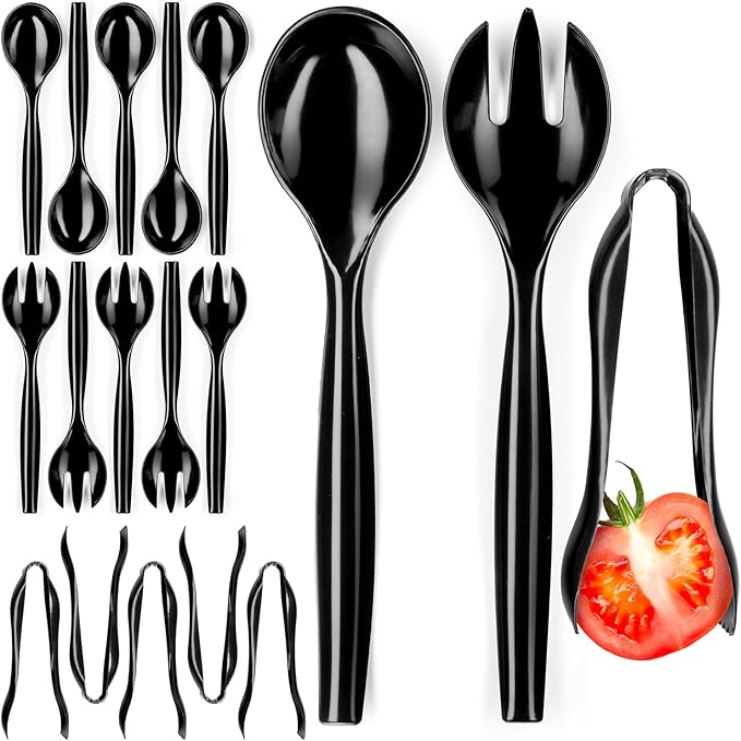 Disposable Plastic Serving Set - 18 Black Utensils, 6" Tongs, 10' Spoons, 10' Forks, Buffet & Party Use