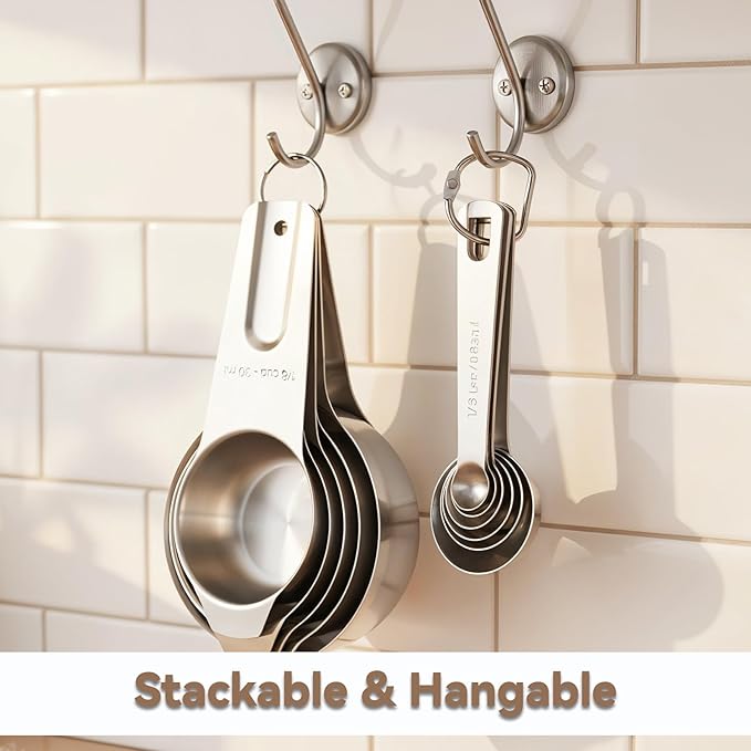 Set of 17 Measuring Cups and Spoons Set Stainless Steel Cup and Spoon Stainless Steel Nesting Measuring Cups and Spoons for Cooking & Baking, Silver