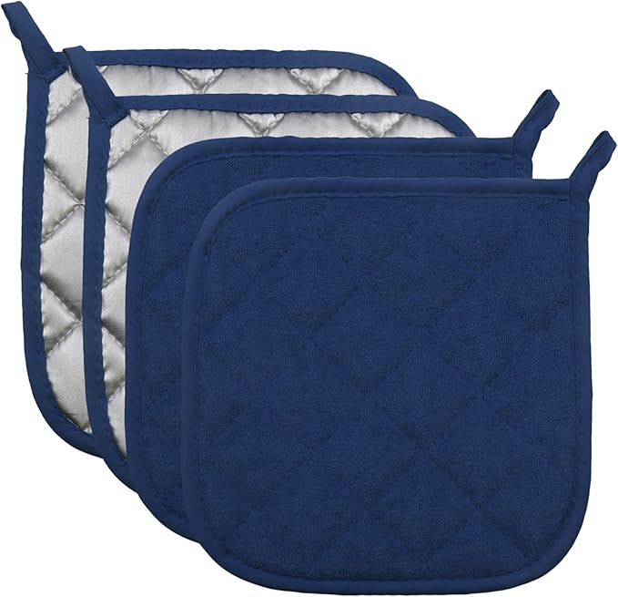 4 Pcs Quilted Pot Holder, Cotton Heat Resistant Hot Pads for Kitchen, Countertops, Oven Pot Holders (Blue)