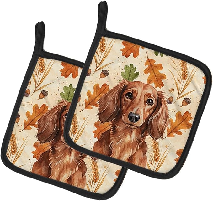 Caroline's Treasures Longhaired Red Dachshund Heirloom Fall Pair of Pot Holders Pair 7.5x7.5 Quilted Insulated Hot Pads Decorative Kitchen Gift Made in USA