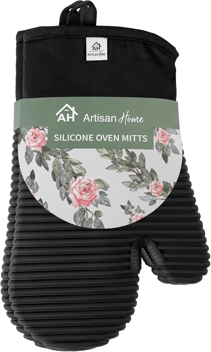 Extra Long Silicone Oven Mitts | Heat Resistant 500°F BPA-Free Food Grade Silicone Kitchen Mittens | 2-Piece Set of Oven Gloves Kitchens- Black