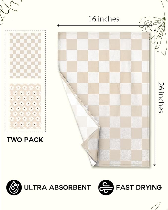 Miss Adola 2 Pack Flour Sack Kitchen Towels - 16x26 Inch Cotton Dish Towels with Hanging Loop Reusable Geometric Boho Modern Retro Tea Towel Absorbent Dishcloths Home Decor, Beige Checkered Flower
