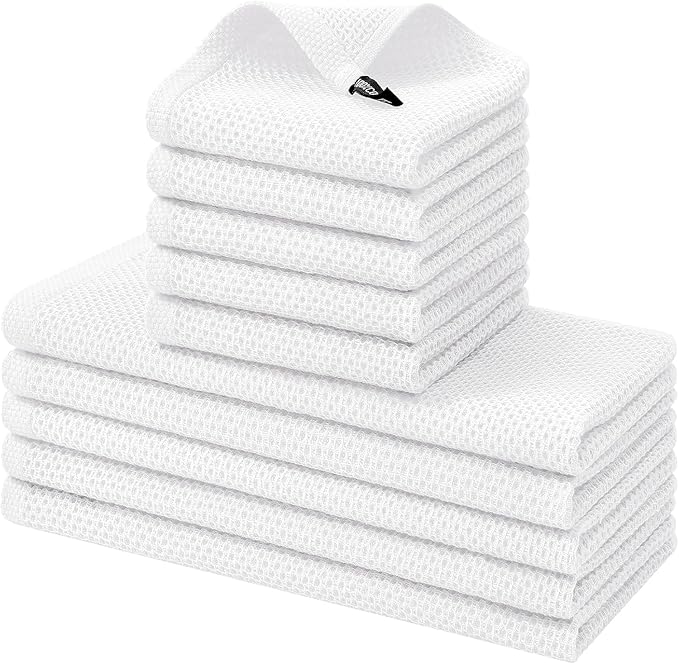 Kitinjoy 100% Cotton Kitchen Towels and Dishcloths Set, 10 Pack-13" x 28" and 12" x 12" Waffle Weave Dish Towels, Ultra Soft Absorbent Quick Drying Dish Rags, White