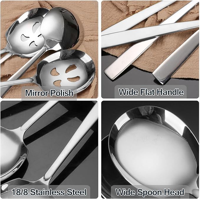 Large Serving Spoons Set Stainless Steel 12 Inch Slotted Spoon and Serving Spoon Serving Utensils for Buffet Catering Dishwasher Safe(1 Spoons, 1 Slotted,Silver)