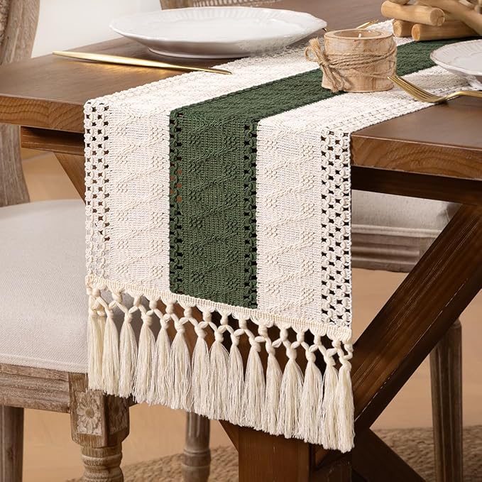 DeZerlor Boho Macrame Table Runner Spring Easter Farmhouse Woven Small Table Runner with Tassels 48 Inches Ivory& Olive Green Cotton Linen Kitchen Table Decor for Dining Dresser Home Tea Table Decor