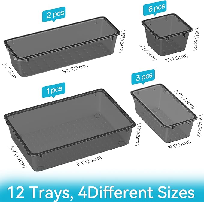 ElegantArray 12-Piece Drawer Organizer Set, 4 Sizes Versatile Plastic Vanity Organizer for Makeup, Stationery, Gadgets, in Kitchen, Bathroom, Office, and Bedroom, Black