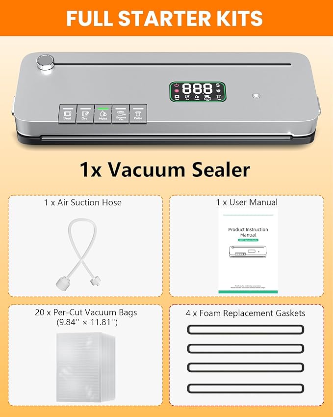 Food Vacuum Sealer Machine, 75KPa Strong Suction, Digital Timer, Built-in Cutter, Pulse Function, Dry & Moist Modes, External Vacuum for Jars & Containers, 20 Vacuum Sealer Bags Included