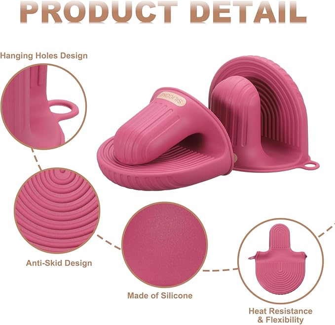 uxcell 2 Pcs Silicone Oven Mitts, Heat Resistant Mini Oven Gloves Silicone Pot Holders Mini Finger Protector Cooking Pinch Grips for Air Fryer Kitchen Cooking & Baking, Rose Red
