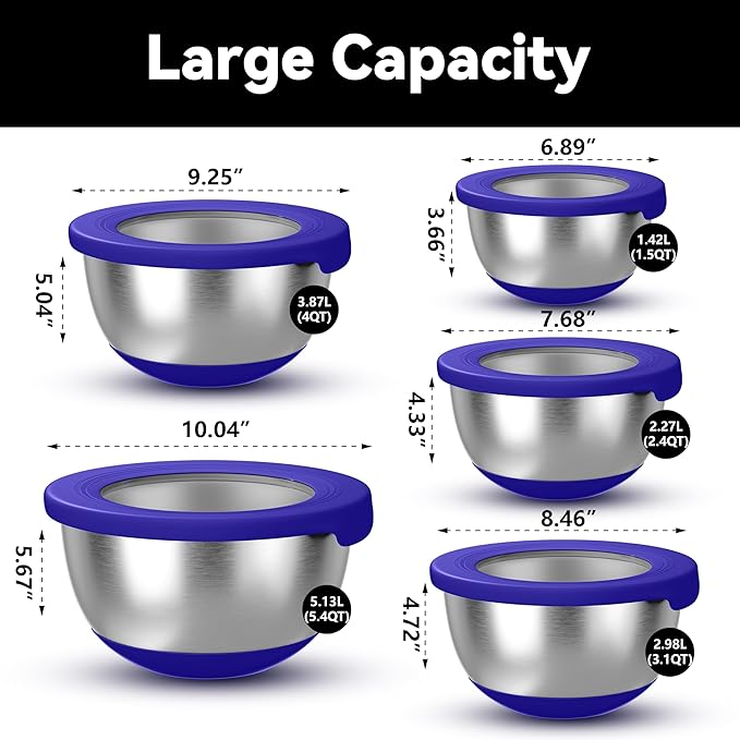 KITEISCAT Stainless Steel Mixing Bowls with Lids – Set of 5 Large Nesting Metal Bowls for Kitchen, Baking, Cooking, Food Prep & Storage, Non-Slip Base, Dishwasher Safe,Blue