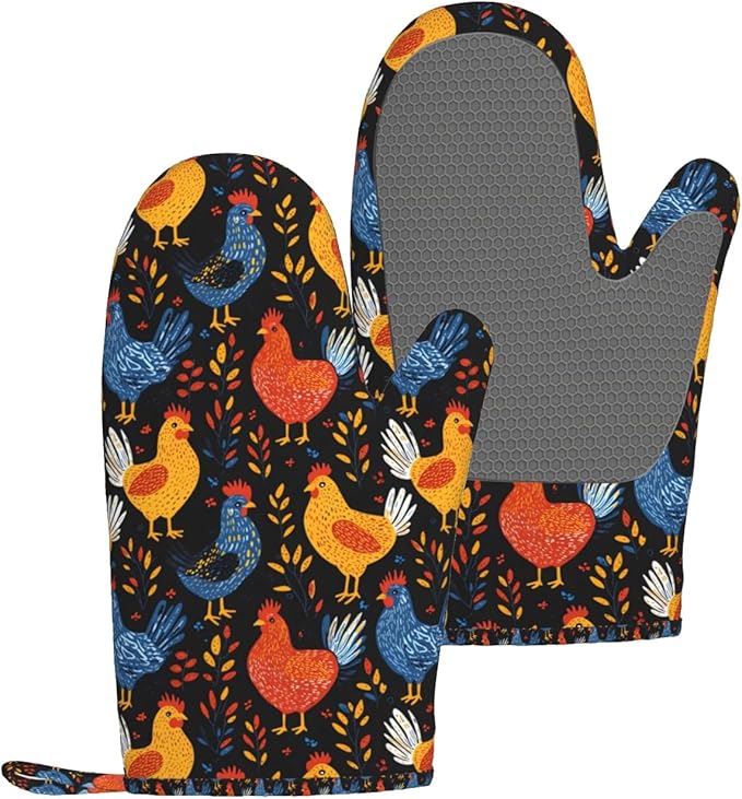 Chicken Silicone Oven Mitts Set of 2, Heat Resistant up to 500°F, Kitchen Oven Gloves with Non-Slip Grip and Soft Cotton Lining for Baking, Cooking and BBQ