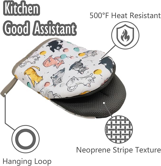 Cute Cat Oven Mitts, High Heat Resistant Kitchen Oven Gloves, Mini Silicone Oven Mitts, Non-Slip Grip Surfaces and Hanging Loop for Grilling, Baking, Cooking and Microwave, Gift