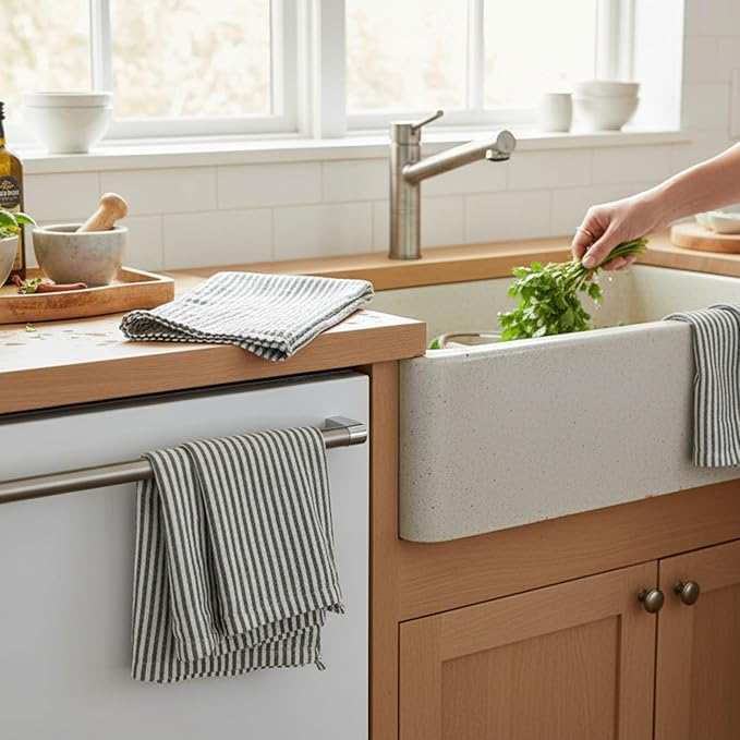 Eight Owls Stonewashed Linen Kitchen Dish Towels - 20 x 27 inch – 100% Pure Linen Tea Towel/Hand Towel - Set of 2 (Charcoal Stripe)