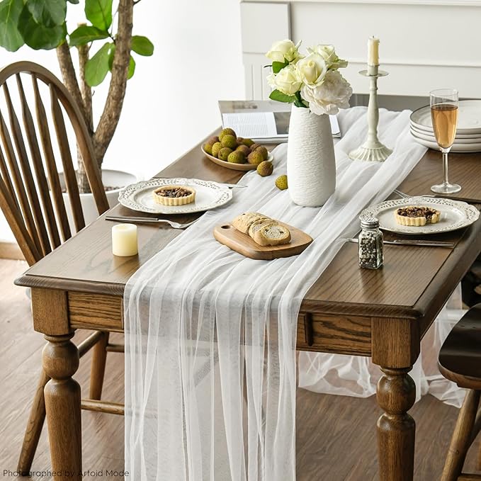 Artoid Mode Ivory Gauze Table Runner 120 Inch 10FT, Seasonal Sheer Kitchen Dining Holiday Wedding Birthday Baby Shower Table Decor for Home Party