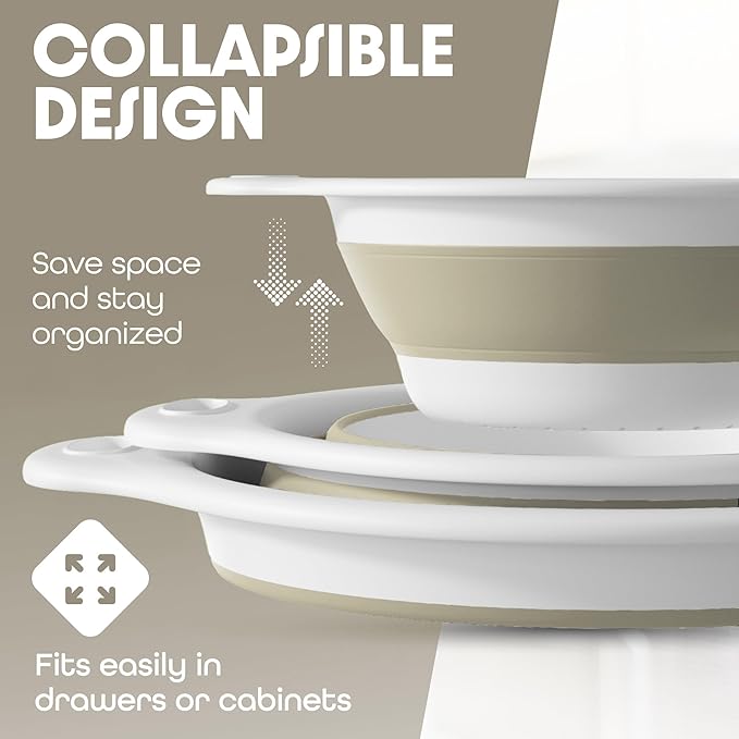 Gevoli Collapsible Colanders (3 Pack Set) Food Strainers with Over-Sink Water Draining Base for Pasta Fruits and Vegetables, White/Beige (3 Sizes, 3QT, 4QT and 5 Quart)