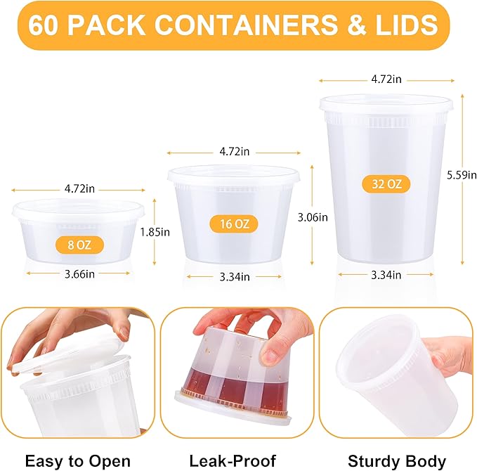 BYSNOW 60 Sets Deli Containers with Lids, 32/16/8 oz X 20 Set Each, Leak-Proof & BPA Free Airtight Takeout Plastic Food Storage Containers for Soup, Freezer/Microwave/Dishwasher Safe