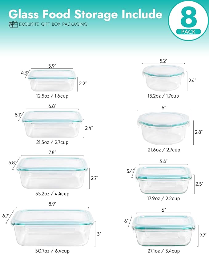 8-Pack Borosilicate Glass Food Storage Containers Set with Airtight Lids - Oven, Microwave & Freezer Safe, Leak-Proof, BPA-Free - Baking, Meal Prep & Gift Ready