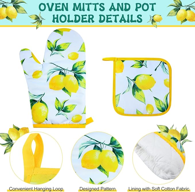 Hoolerry 6 Pcs Lemon Kitchen Accessories for Women Lemon Apron Dish Towels Oven Mitts and Pot Holders with Spatula for Women Wife Grandma Cooking Baking Gifts