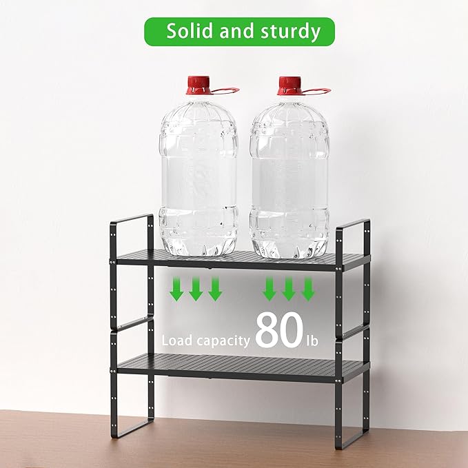 Expandable Cabinet Organizer Shelf - Adjustable Width (16.5”-27.1”), Stackable, Heavy Duty 80 lbs, for Kitchen Pantry, Countertop, Office, Spice Rack - Black, Small Size, 1 Pack