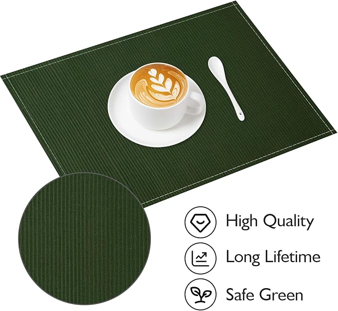 Niviy Dark Green Placemats Set of 4, 12x18 Inch Washable Easy to Clean Heat-Resistant Anti-Skid Grey Placemats for Holiday Party Kitchen Dining Room Decoration
