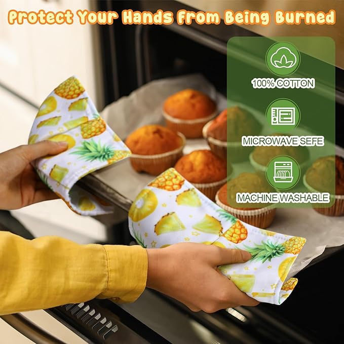 Cunhill 4 Pcs Cotton Microwave Bowl Cozy Holders for Hot Food Hot Pads Soup Bowl Potholders Heat Resistant Multipurpose Quilted Safe Holders for Kitchen Plate Supply(Light Yellow,Pineapple)