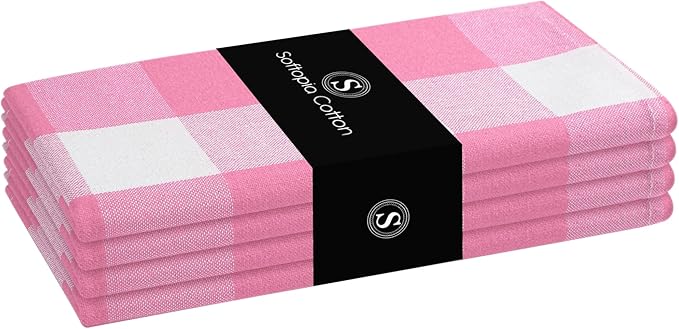 Pink Buffalo Plaid Cloth Napkins 4 Pack, 16x16 Inches, 100% Cotton, Soft, Durable Fabric, Washable Checked Table Linen for Easter Brunch, Spring Parties, Dining, Rose Pink and White