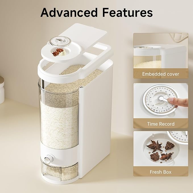 Rice Dispenser 10 lbs | Large Rice Storage Container for Kitchen&Pantry - Space-saving, Moisture & Pest-proof, BPA-Free - Dry Food Dispenser with One-Touch Dispenser & Measuring Cup for Families