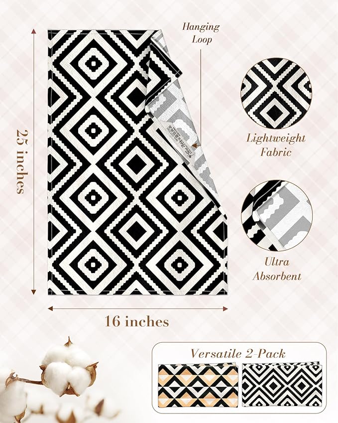 Miss Adola 2pcs Flour Sack Kitchen Towels - 18"x 26" Cotton Kitchen Hand Towels with Hanging Loop Reusable Geometric Beige and Black Modern Tea Towel Absorbent Dishcloths Home Decor, Modern Geometric