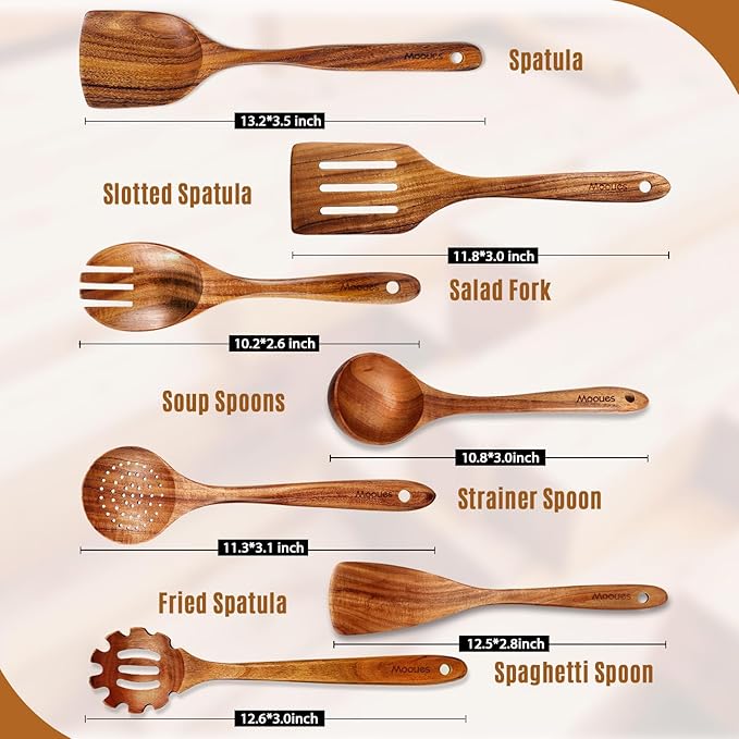 Mooues Wooden Spoons for Cooking, Wooden Utensils for Cooking Natural Teak Wooden Kitchen Utensils Set Comfort Grip (7 PCS SET)