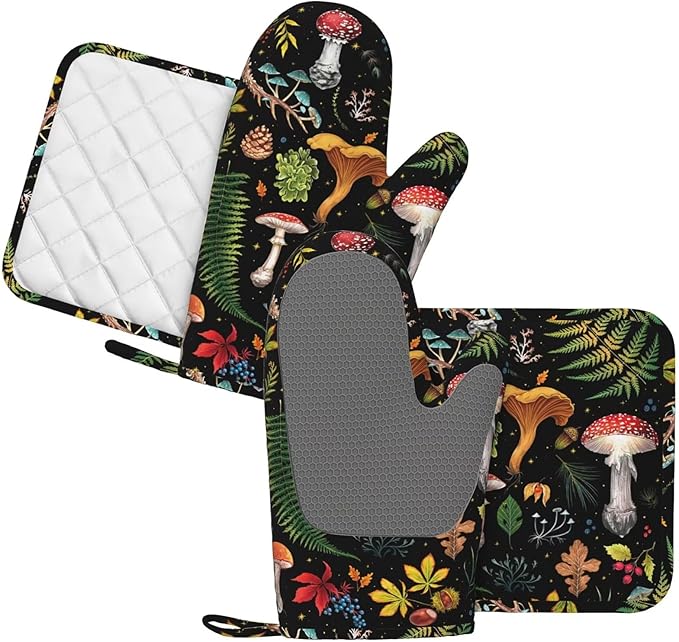 Mushroom Oven Mitts and Pot Holders Sets Silicone Mushrooms Kitchen Mitts Potholders Heat Resistant 4Pcs Oven Gloves Hot Pads for Kitchen Baking Cooking BBQ Grilling