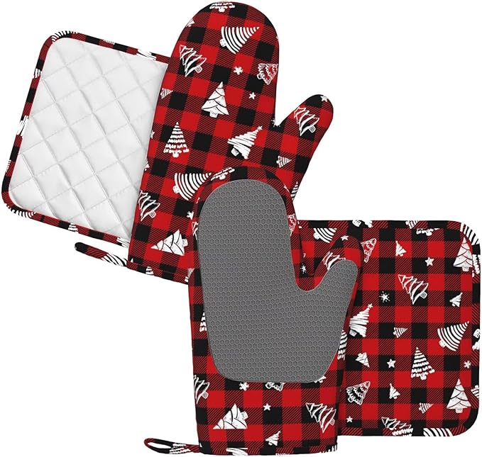 Red Gingham Plaid Christmas Tree Oven Mitts and Pot Holders Set, 4pcs Silicone Oven Glove for Kitchen Heat Resistant Oven Mitts and Potholders Non-Slip for Cooking