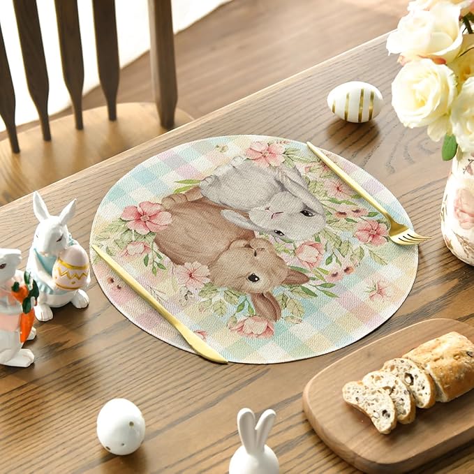 Artoid Mode Easter Round Placemats Set of 4, 14 Inch Colored Buffalo Plaid Bunnys Flowers Spring Round Table Mats for Easter Party Dining Decoration