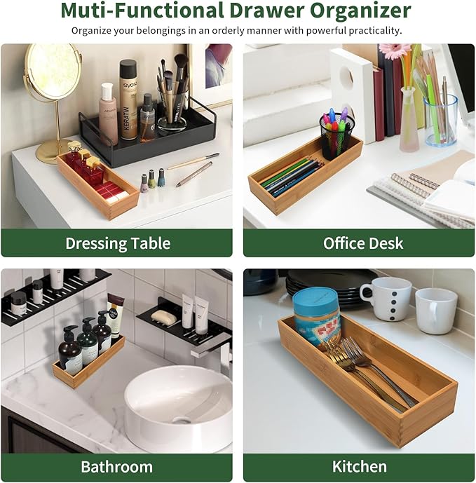 Bamboo Drawer Organizer - Kitchen Drawer Utensil Organizer Office Supplies Desk Organizer Makeup Silverware Tray Flatware Organization 8"*4"*2"