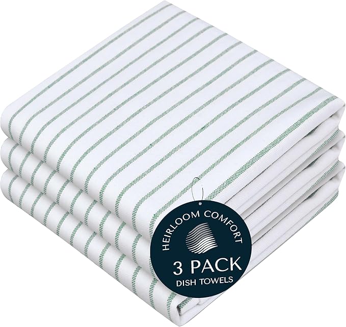 Sea Green Striped Kitchen Dish Towels (3-Pack), Quick Dry, Ultra Absorbent & Durable, 100% Cotton Classic Stripe Towels for Drying Dishes, Wiping, and Daily Kitchen Cleanup